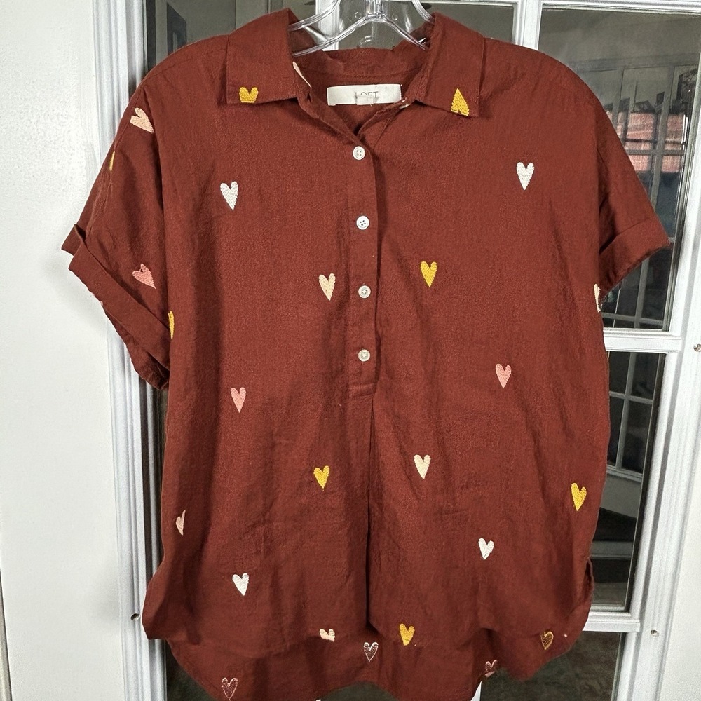 Loft Rust Heart Embroidered Button Down Shirt Coquette Romantic Size XS